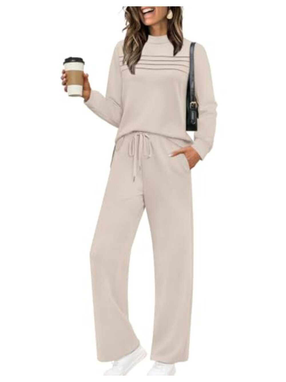 WIHOLL Two Piece Lounge Set Long Sleeve Top Wide Leg Crop Pants Travel